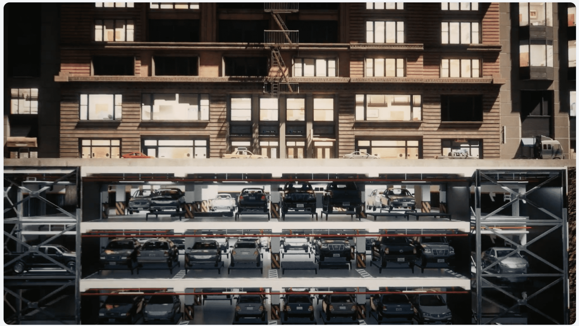 Cross-section view of a multi-level automated parking garage, ideal for developers, filled with cars in an urban area with a brick office building and glowing windows in the background.